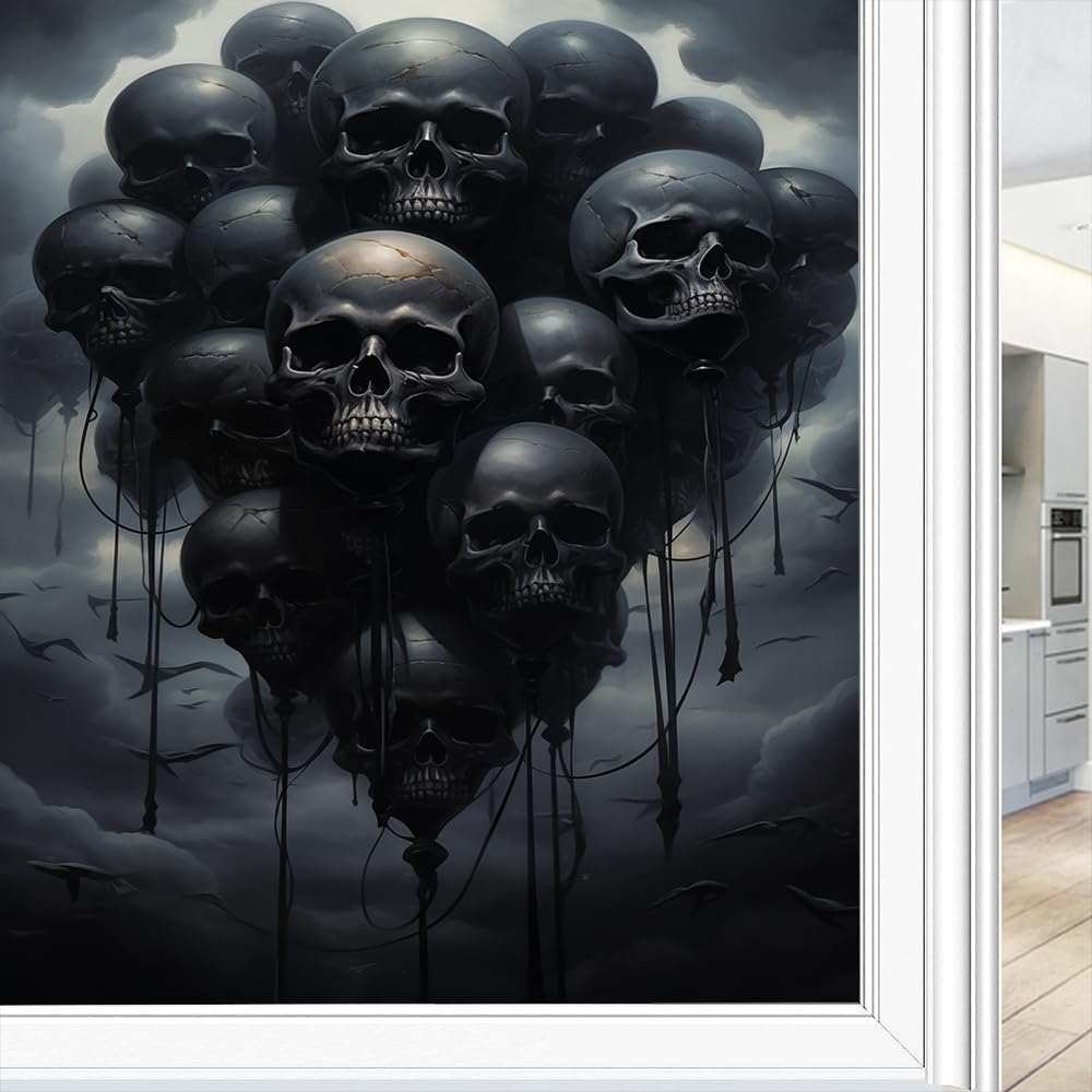 Fyfmushe Gothic Black Skull Window Privacy Film, Abstract Floating Halloween Skeleton Frosted Stained Glass Window Film Decorative Static Cling For Glass For Home 60X90 Cm