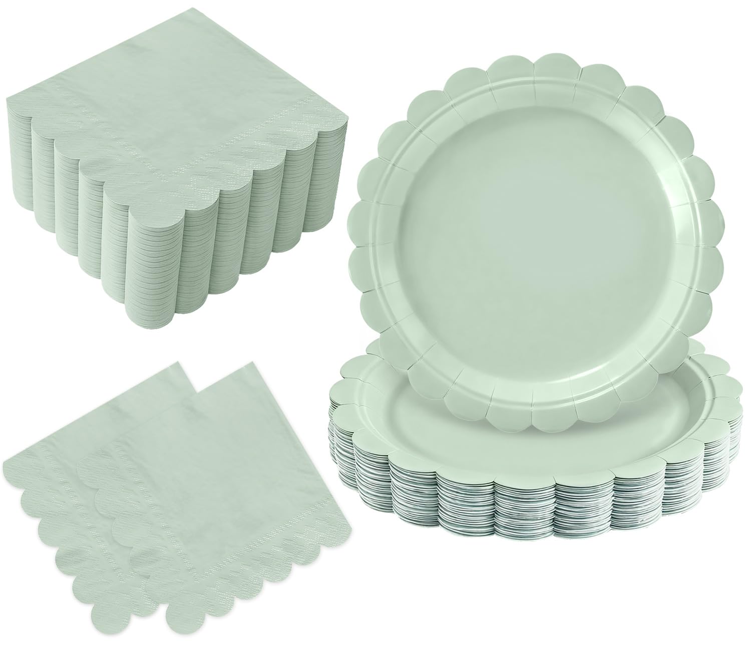 Oigco 50 Pcs Sage Green Plates and Napkins - Disposable Sage Green Scalloped Paper Plates & Napkins for Wedding Bridal Shower Birthday Baby Shower, Serves 25