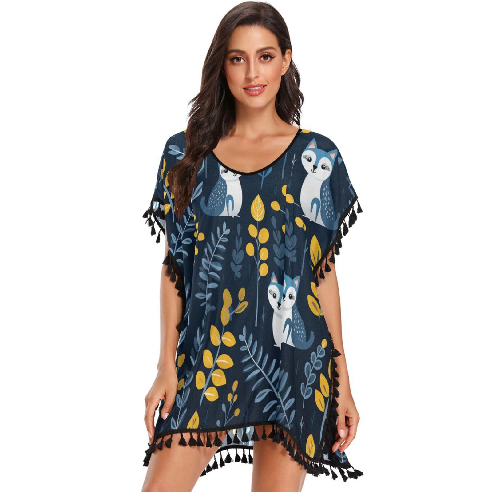 Cute Forest Animal Lemur Women's Beach Cover Up Chiffon Tassel Swimwear Swimsuit Coverups for Girl