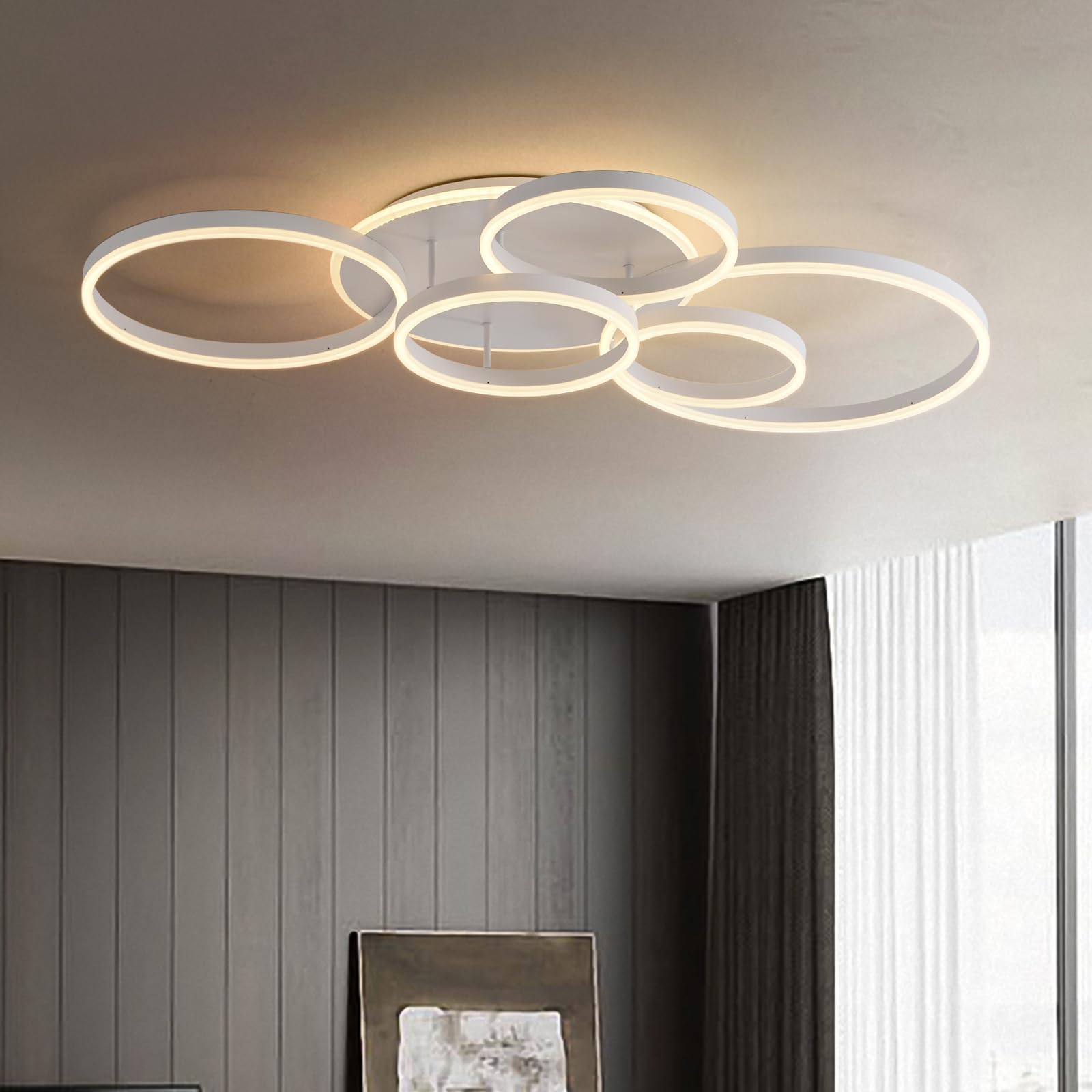 minifairDimmable LED Ceiling Light, 108 W 6400 Lm with Remote Control, Modern Chandelier with 6 Rings for Living Room, Bedroom, Dining Room, 3000 โ 6000 K, White