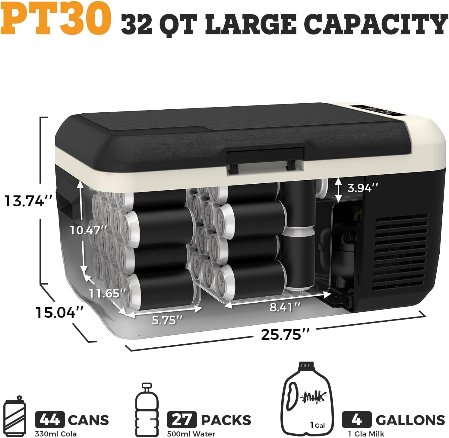 Diagram, der illustrerer de indvendige dimensioner og kapaciteten af ​​Setpower PT30, og som viser, at den kan indeholde 44 dåser, 27 pakker med 500 ml vand eller 4 liter mælk.