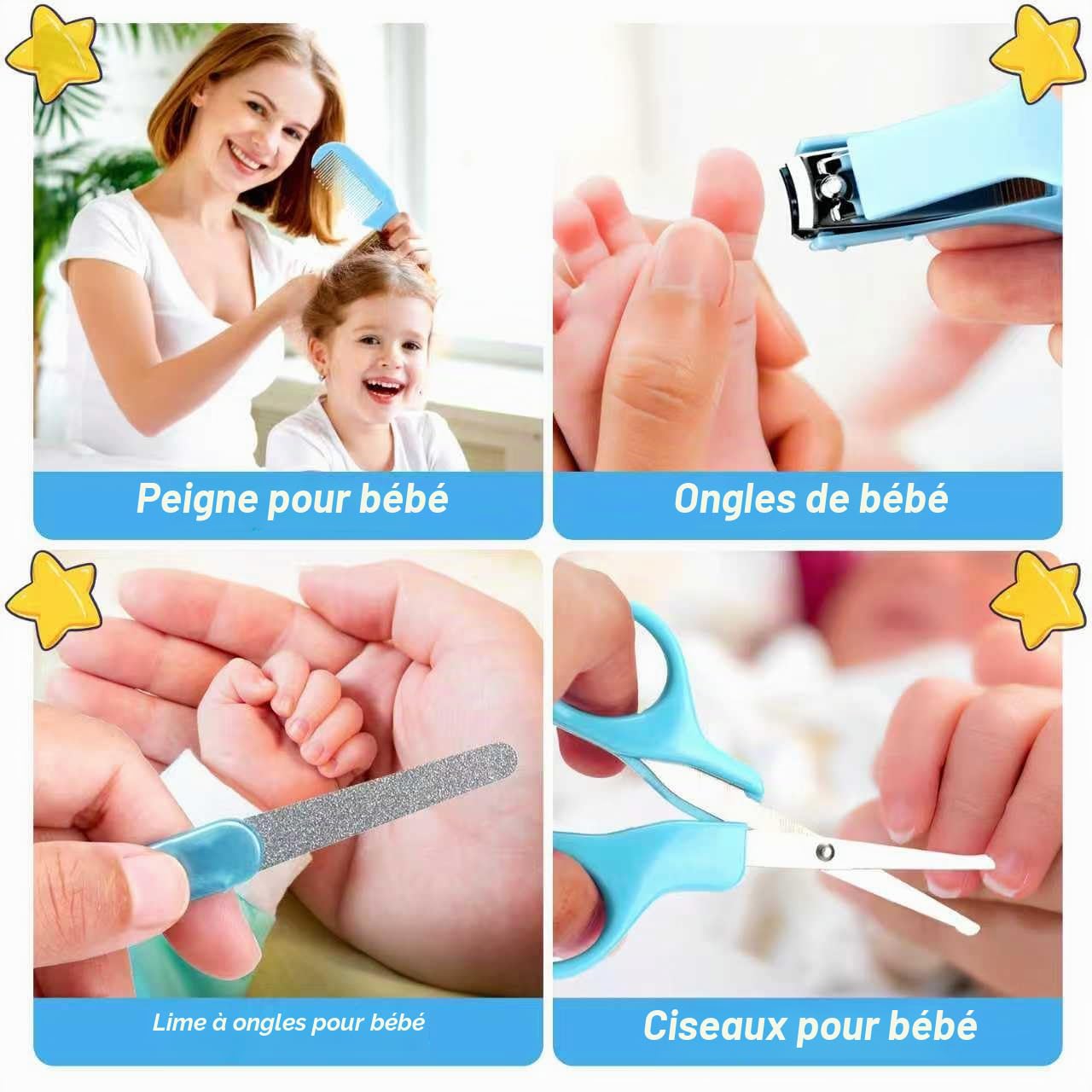 Ensemble de soins de sécurité pour bébé avec brosse à cheveux, peigne et coupe-ongles, kit essentiel pour nouveau-né filles garçons (bleu)