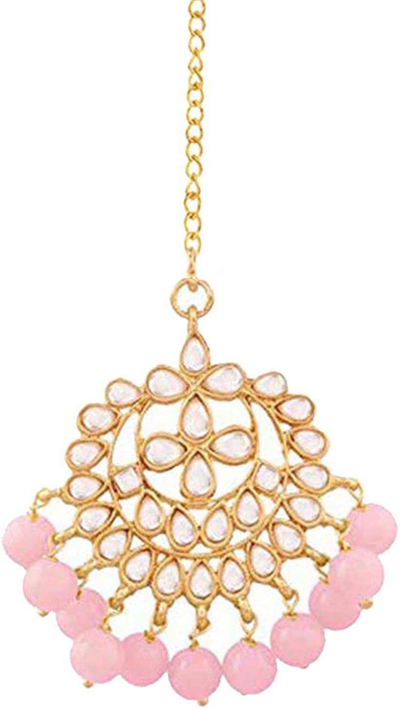I Jewels Gold Plated Kundan With Pearls Bollywood Indian Style Bridal Wedding Maang Tikka Jewelry for Women