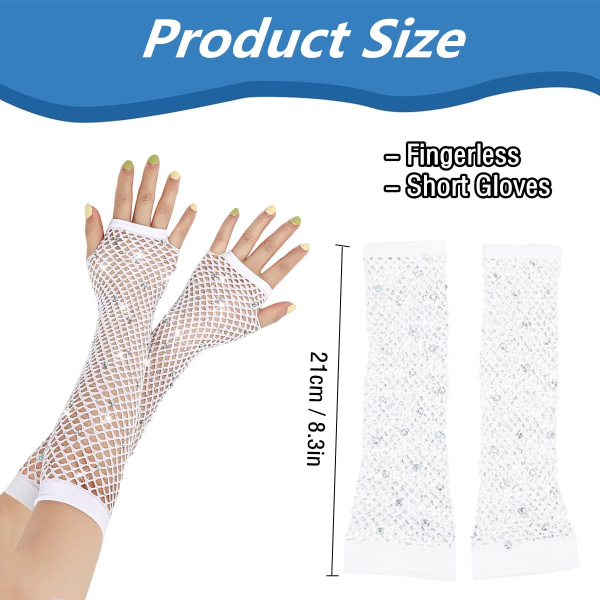 TouKingda Women's Sparkly Mesh Fingerless & Long Fish Net Gloves, 2 works, White, One Size, Rhinestone Embellished - Image 3