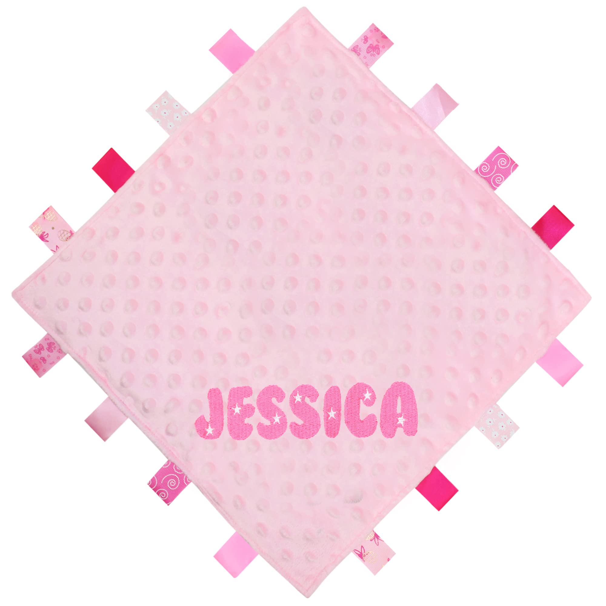 TeddyT's Personalised Name Star Baby Taggy Blanket Comforter (Pink)