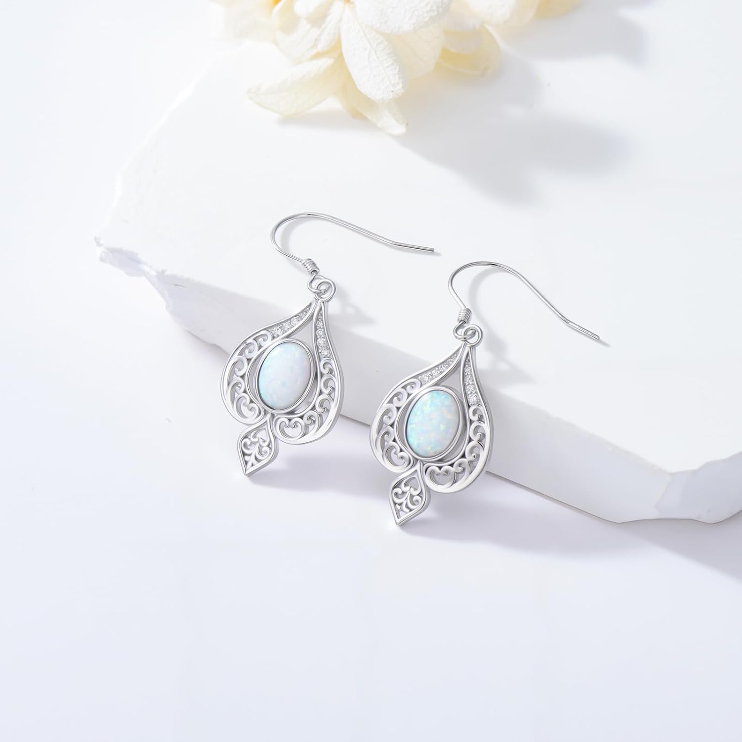 Vintage Opal Dangle Earrings for Women 925 Sterling Silver Genuine Opal Dangle Drop Earrings with Diamond October Birthstone Jewelry Gift for Mother Wife - Image 4