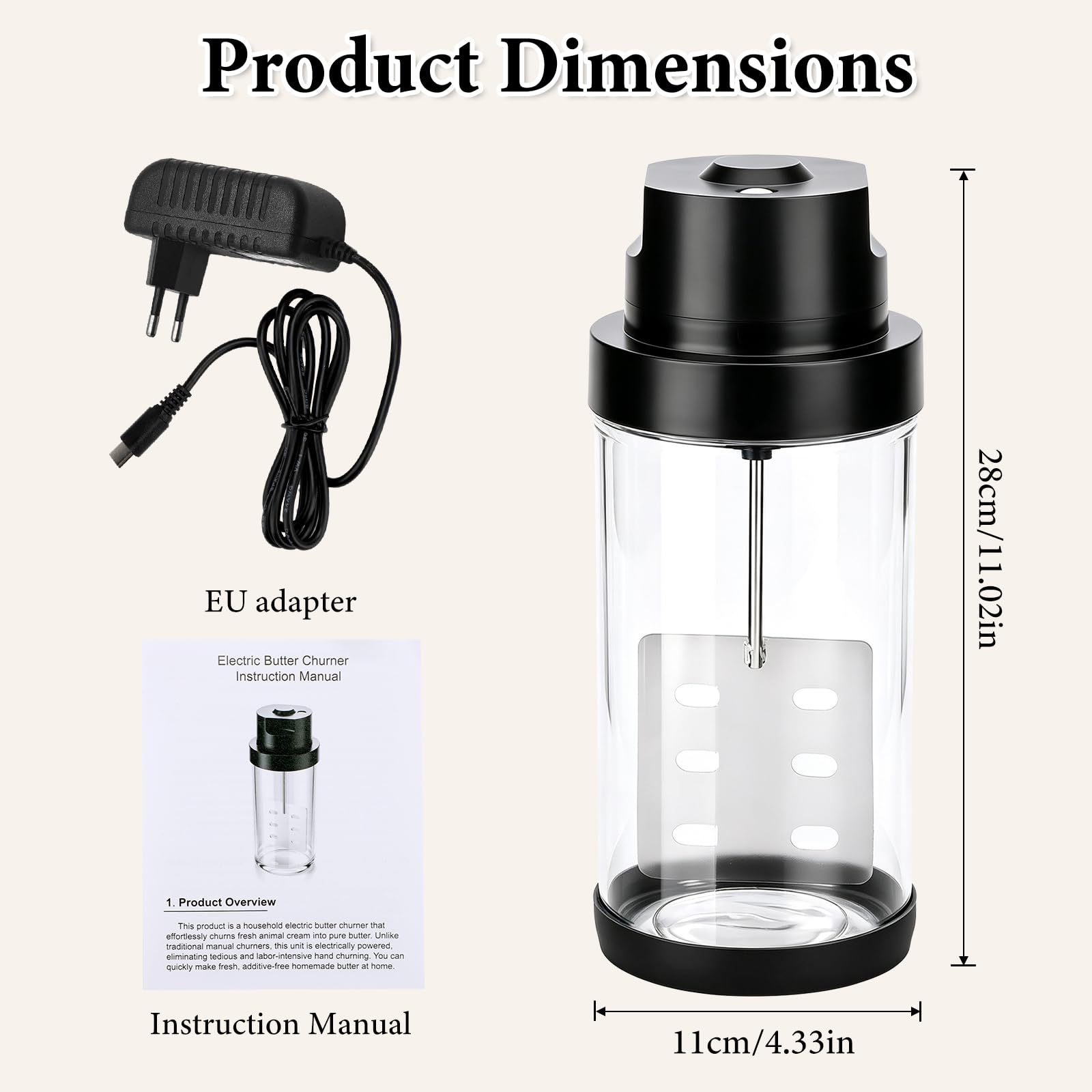 Baratte à Beurre électrique 1.8L, Beurrier One-Touch Tonneau à Beurre en Verre Mélangeur À Crème Électrique avec Moteur sans Balais Haute Vitesse pour Faire Soi-Même du Aux Herbes