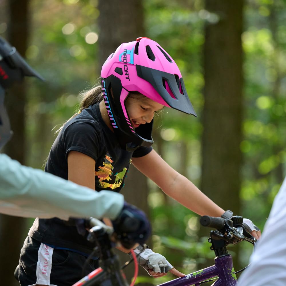 Cratoni Madcat MIPS - Casco de bicicleta para niños, casco integral robusto, casco de bicicleta MTB, casco integral, barbilla, desmontable, tamaño ajustable, incluye luz trasera, unisex, talla S/M (49