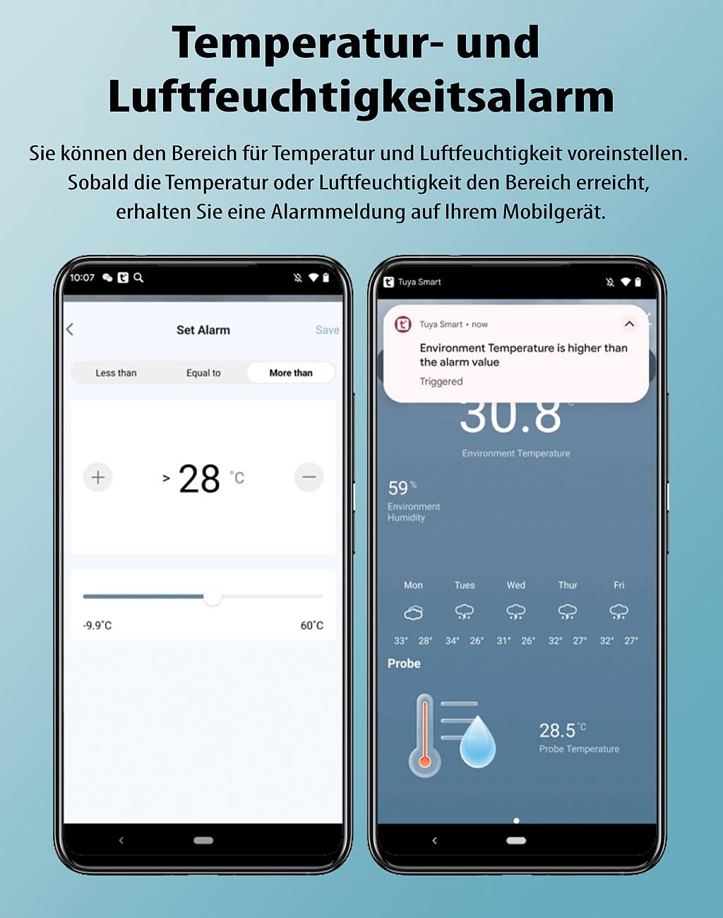 Luminea Home Control Sensoren: 4er-Set WLAN-Temperatur-/Luftfeuchtigkeitsmesser, innen/außen, App (WLAN Smart Thermometer Hygrometer, Thermometer mit Fühler, Klima)