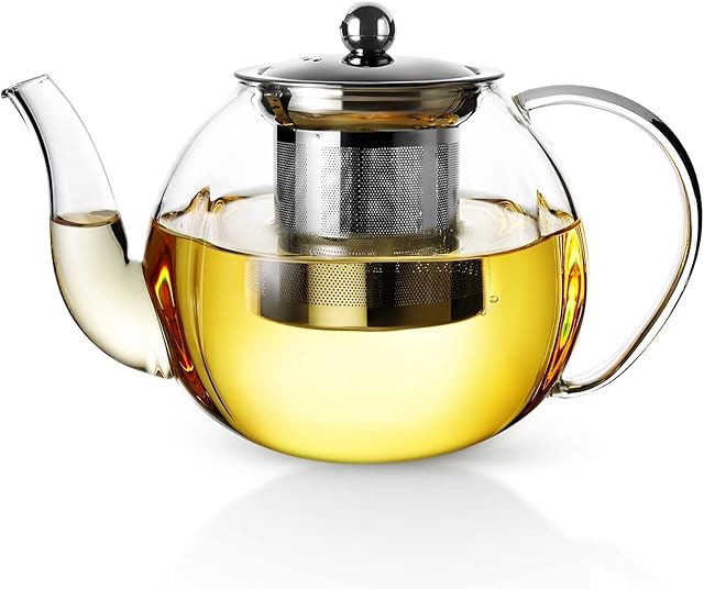 Vzaahu Borosilicate Glass Tea Pot 1000ml/33oz with Stainless Steel Fillter, Transparent Clear Floating Effect Perfect for Loose Leaf Tea Fruit Tea