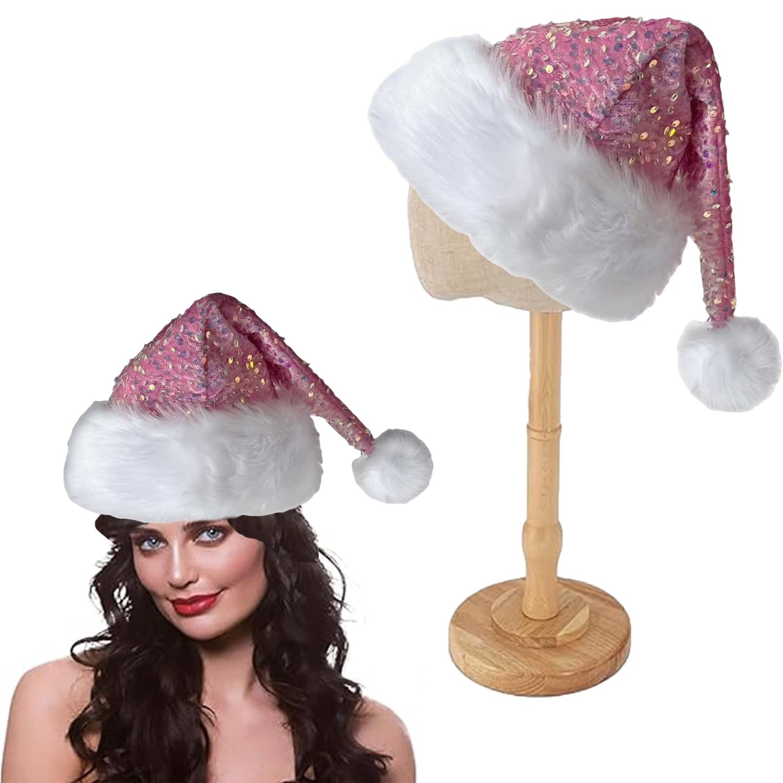 Pink Santa Hat Christmas Hats for Kids and Adults,Shiny Sequin Xmas Hat Unisex Classic Velvet Xmas Holiday Hat,Thicken Luxury Plush Santa Hats Santa Claus Hats for Christmas New Year Party Supplies - Image 4
