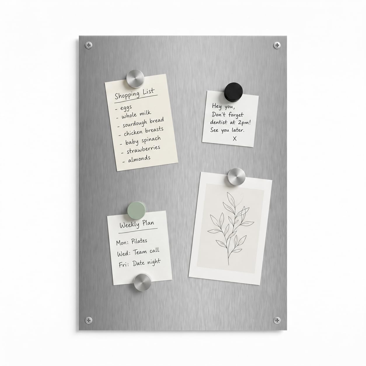 Brushed Stainless Steel Magnetic Notice Memo Board - Screw on Glue on A1 A2 A3 A4 Custom Pieces Available