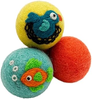 Hustle & Blush Love Ewe Pet Supplies, Cat Toys 100% New Zealand Wool Felt Ball Toys for Cats, Kittens, Small Pets, Handmade Colorful Planet Friendly Cat Wool Balls (2in Round), Pack of 3, Fish/Bird