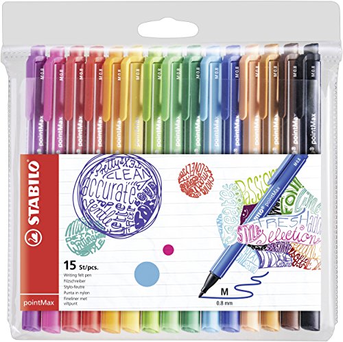 STABILO pointMax - Stylo feutre - Pochette x 15 feutres d'écriture pointe moyenne 0,8 mm - Coloris assortis