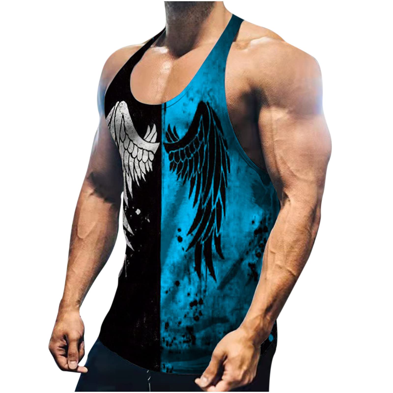 Tank Tops for Men UK Clearance, Wings Printed Vest Patchwork T Shirt Muscle Undershirt, Sleeveless Shirts Round Neck Singlet Quick Dry Workout Tee Gym Fitness Bodybuilding Sport Wear