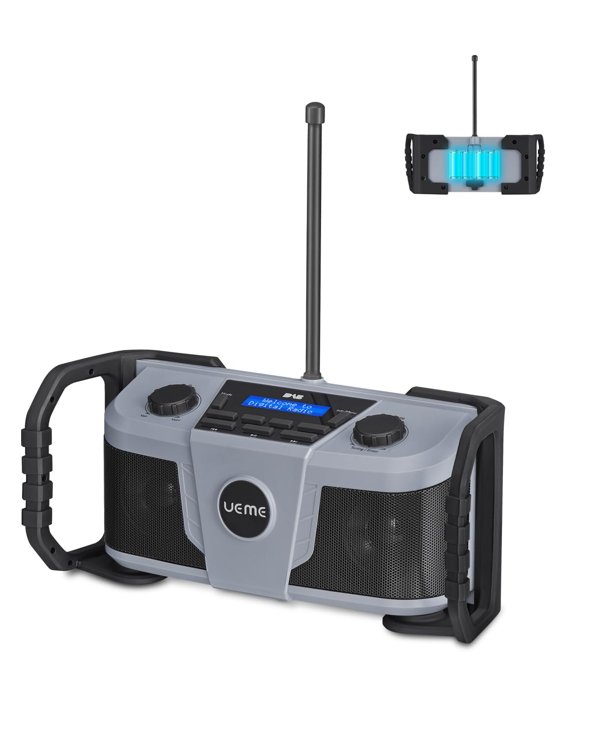 Baustellenradio DAB+ FM mit Akku, IP54 Wasserdicht & Staubdicht, Akku-Laufzeit bis 10h, 6W Stereo Lautsprecher, Bluetooth 5.0/Aux, Outdoor Digitalradio UKW mit Wecker(Grau)