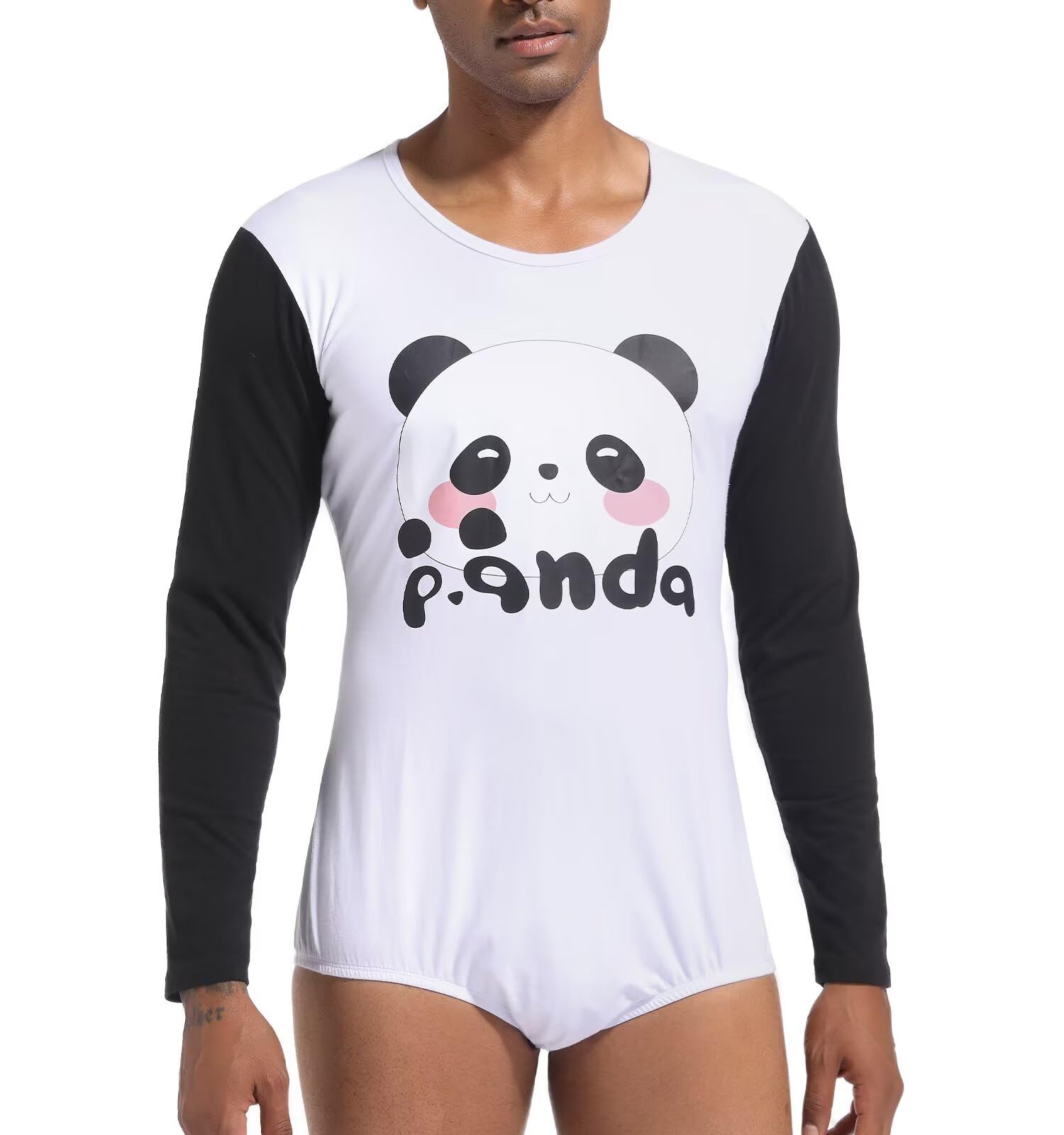 Landofgenie Męska Piżama Romper z Długim Rękawem Onesie Body Jednoczęściowy Kombinezon z Nadrukiem Pandy