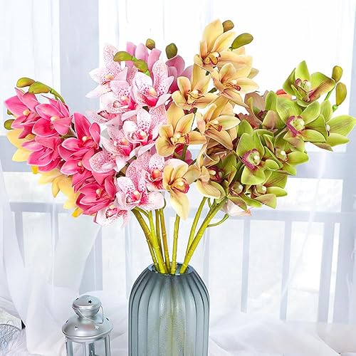 Miniatura 6 de Orquídeas artificiales de Cymbidium, 2 racimos de flores artificiales para exteriores, flores falsas para exteriores, arbustos verdes, plantas para