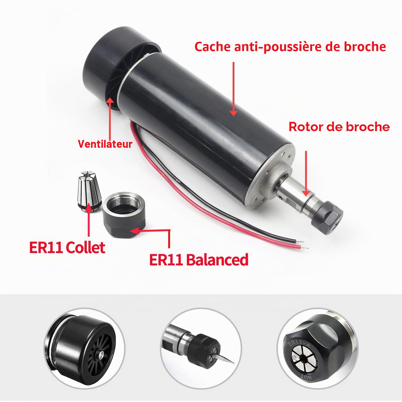 RATTMMOTOR Kit de refroidissement, à air, 500 W, moteur à broche ER11, 0,5 kW, 12000 tr/min, régulateur de vitesse PWM de 220 V, support de montage de 52 mm, avec vis pour la gravure