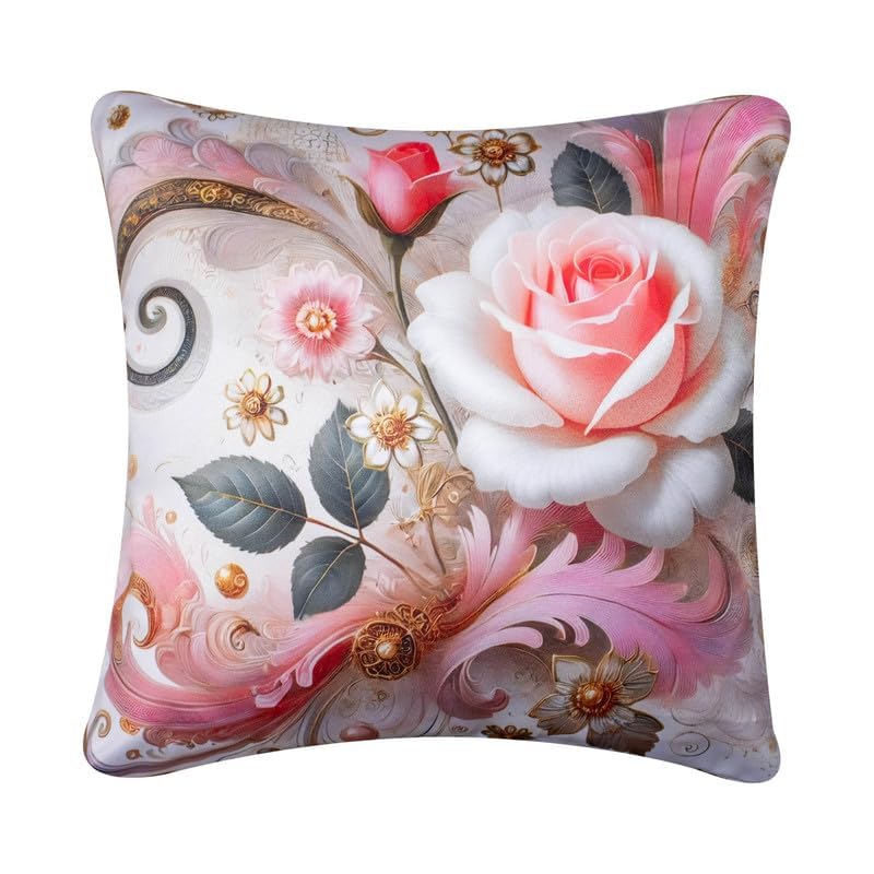 Image of Decorative Satin Sofa Cushion Covers Set of 5, 16 x 16 Inches, Multicolor Floral Printed Pillow Covers for Living Room, Bedroom, Couch & Sofa, Soft Glossy Fabric, Zipper Closure