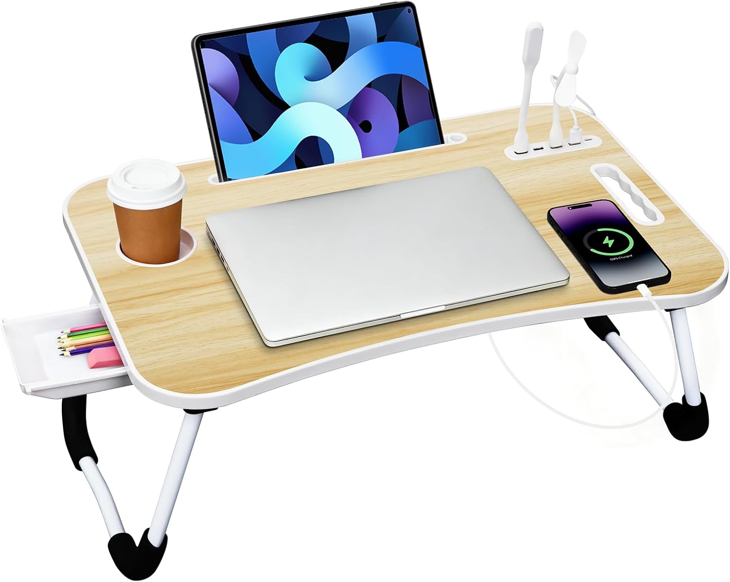Portable Bed Desk, Foldable Laptop Desk with 4 USB Charge Port/Cup Holder/Tablet Slot/Storage Drawer, Folding Lap Table for Working, Writing, Drawing and Eating (Log Color)