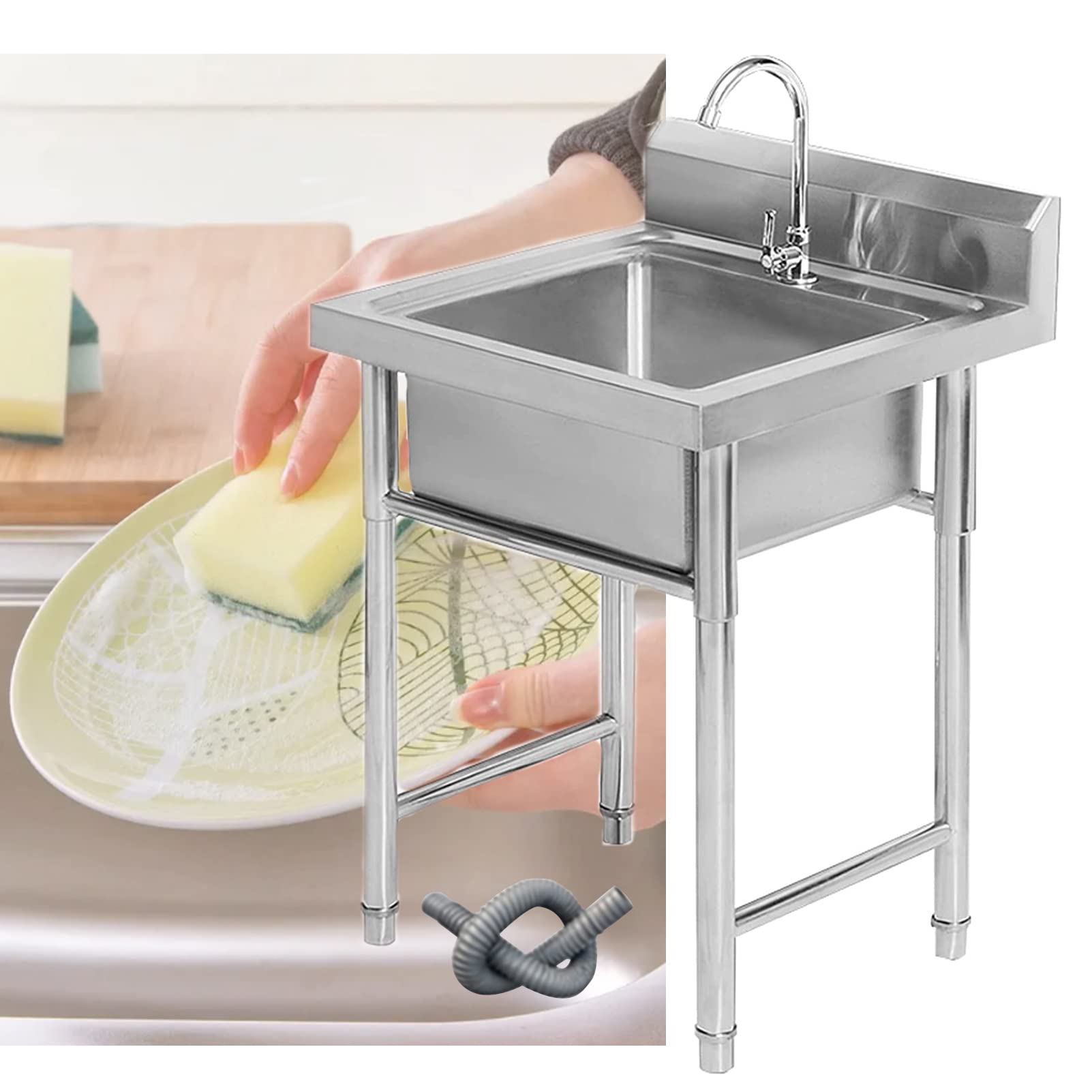 ZQFHSX Commercial Sink 304 Stainless Steel Utility Grade Laundry Tub Culinary for Outdoor Indoor Garage Kitchen Room (50cm/60cm)