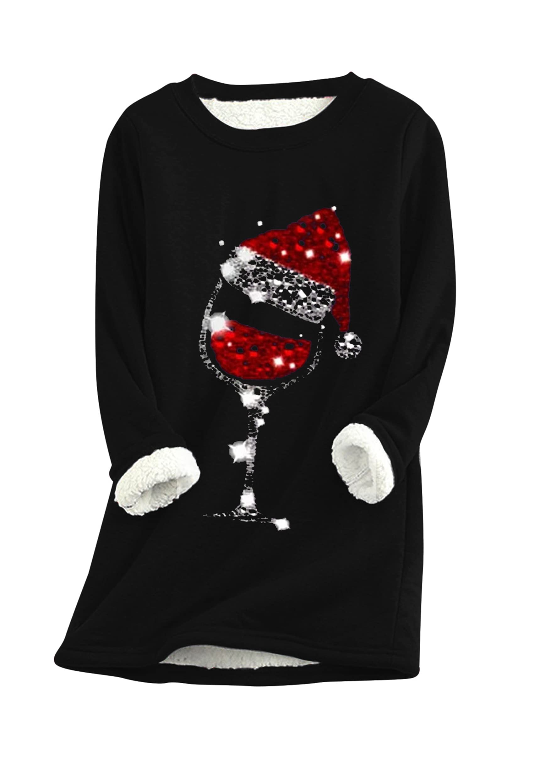 YMING Womens Christmas Wine Glass Sherpa Pullover Winter Crew Neck Sweatshirt Warm Fleece Tops Plus Size
