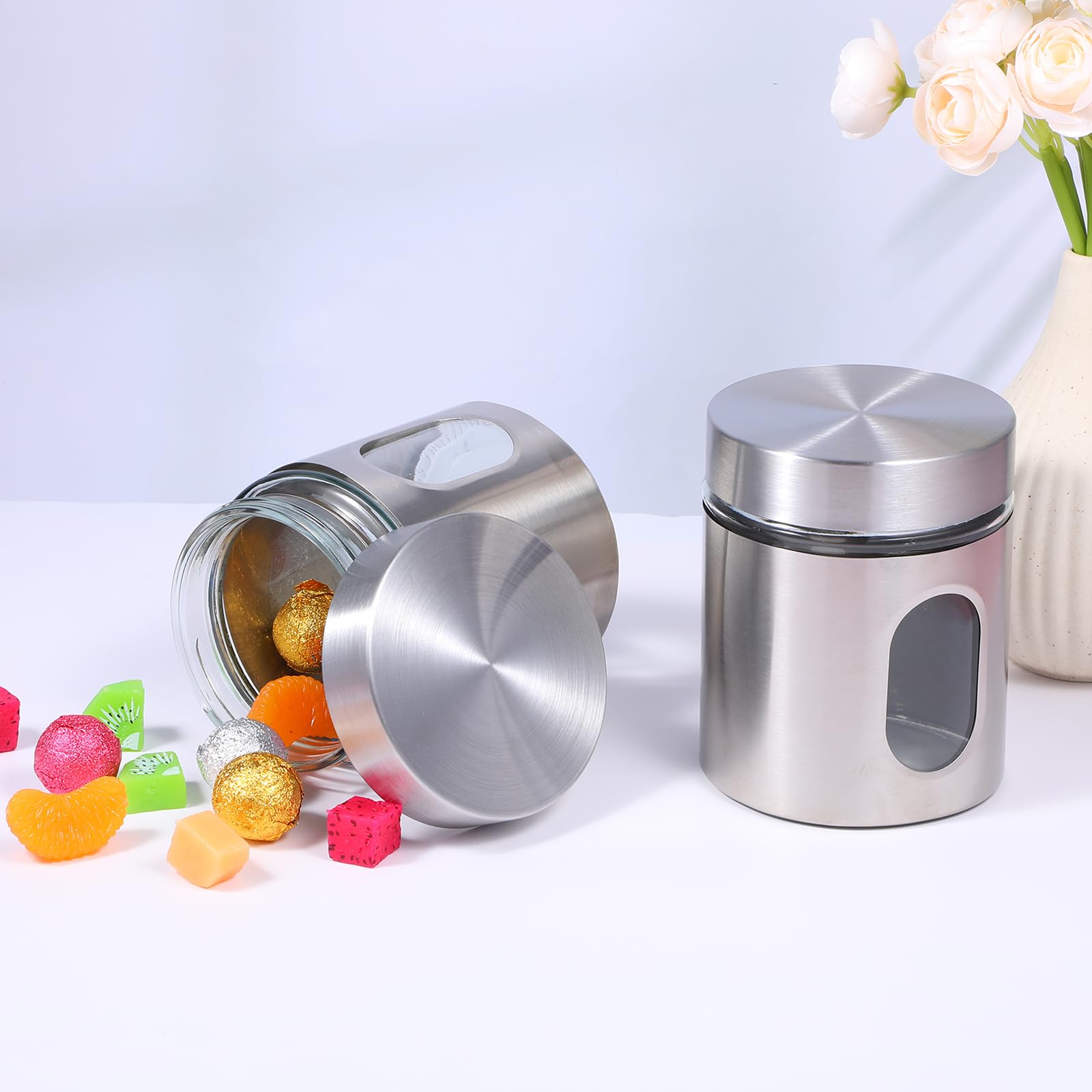 4-teiliges Küchendosen-Set, Edelstahl, Glasdosen, luftdicht, für Kaffee, Zucker, Tee, Süßigkeiten, Lebensmittelbehälter mit Deckel, für Mehl, Kekse, Gewürze, Körner, Küche, Backen, Heimdekoration