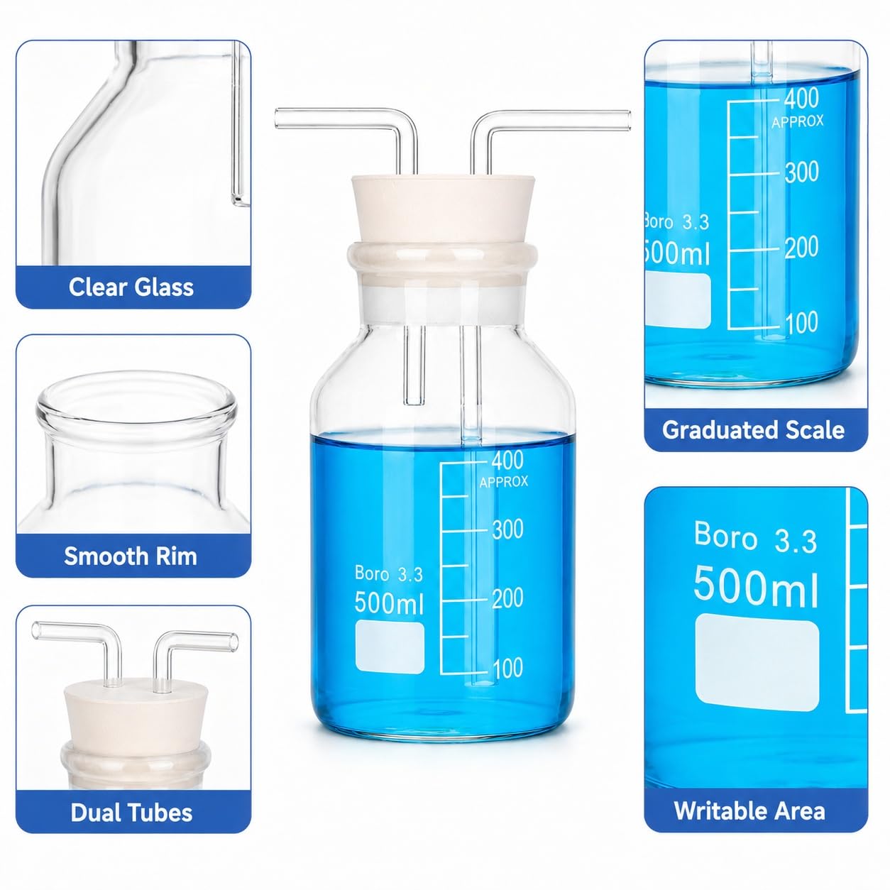 Zestaw Butelka Płuczka Gazowa Skalowana Szkło Borokrzemowe Chemia Lab-10000ml