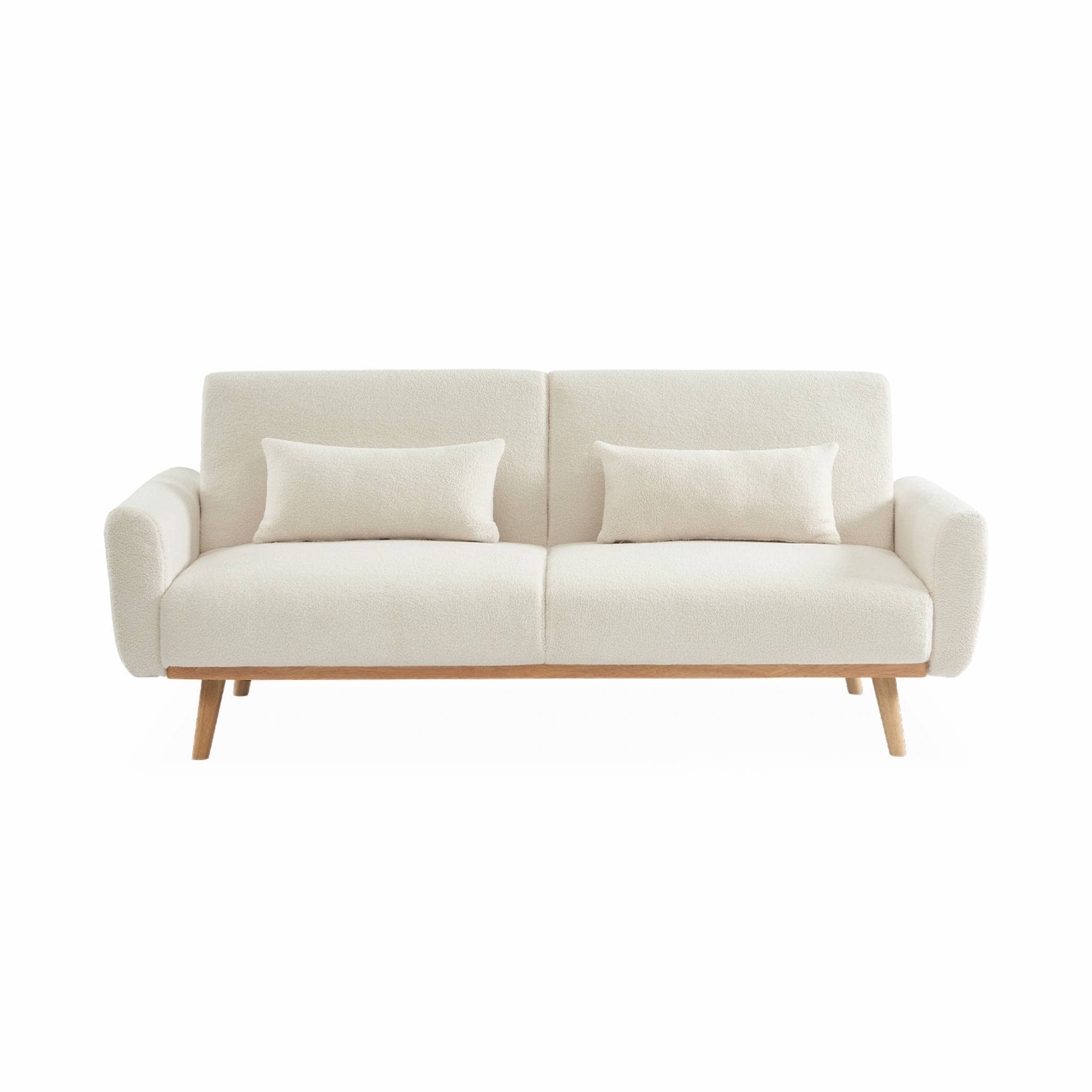Sofa mit Bouclé Teddystoff mit Schlaffunktion - Bjorn - 2 - 3-sitziges fixes Sofa mit Holzbeinen, skandinavischer Stil