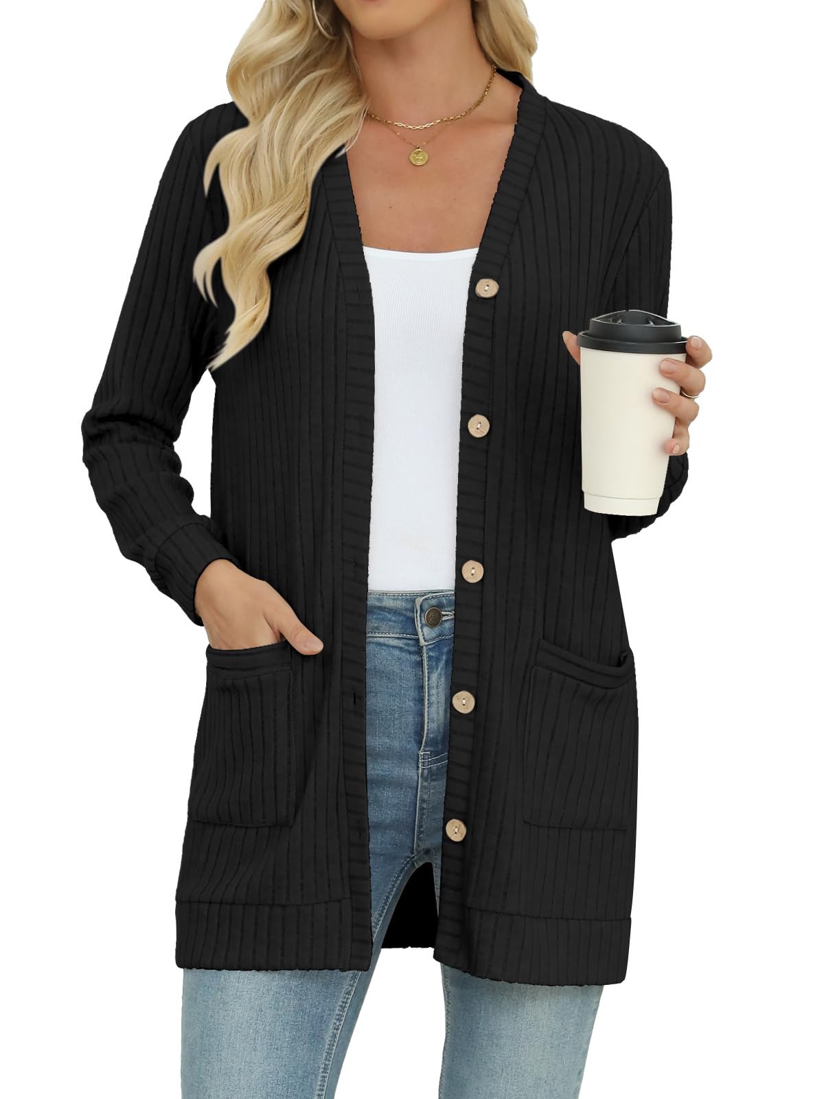 Womens Long Sleeve Cardigan Lightweight Button Down Open Front Casual Cardigans with Pockets
