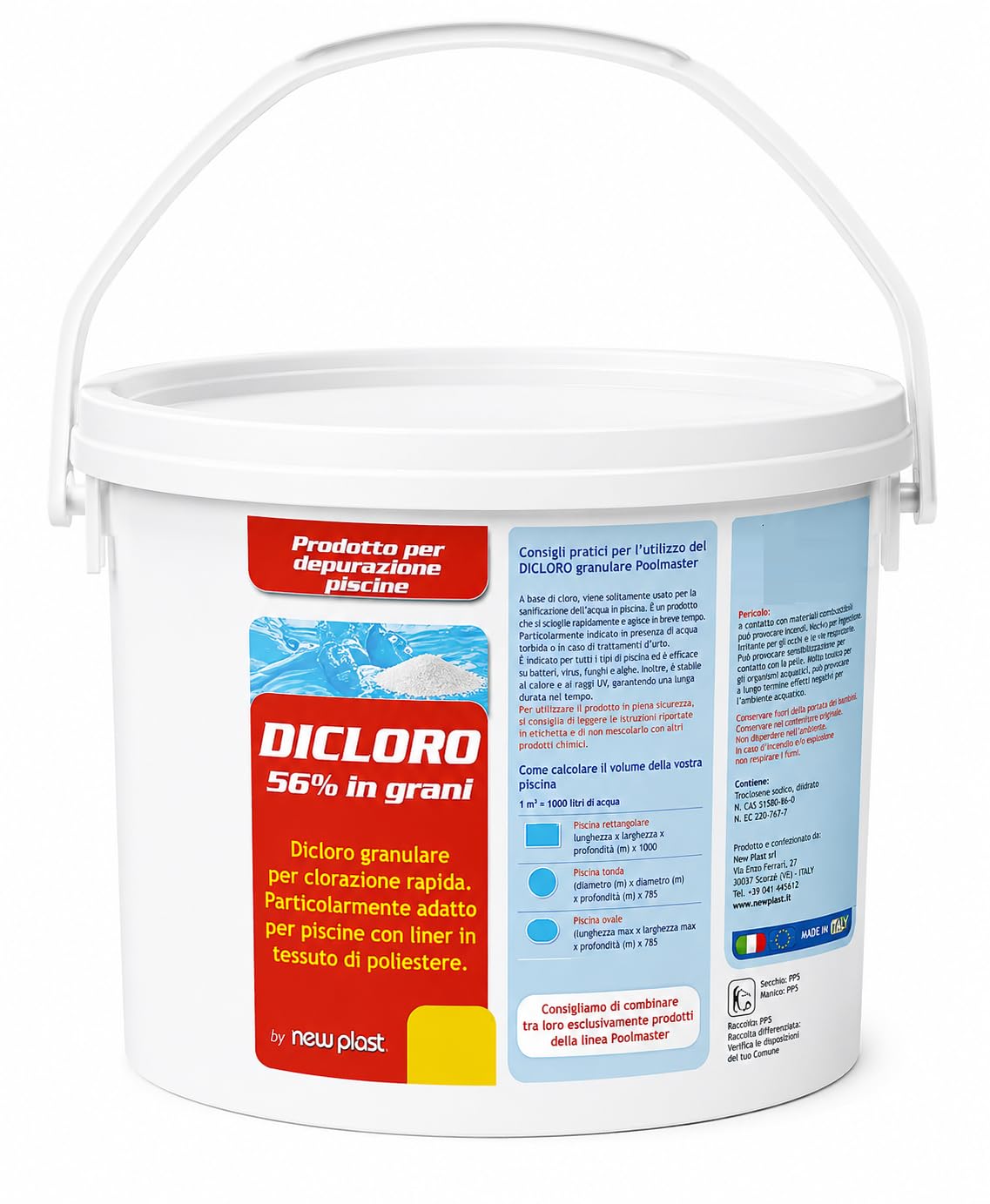 Dicloro in Grani 56% New Plast, Cloro Piscina ad Azione Rapida, Disinfettante, Schiarente e Antialghe per Piscine Interrate e Fuori Terra, 10 kg