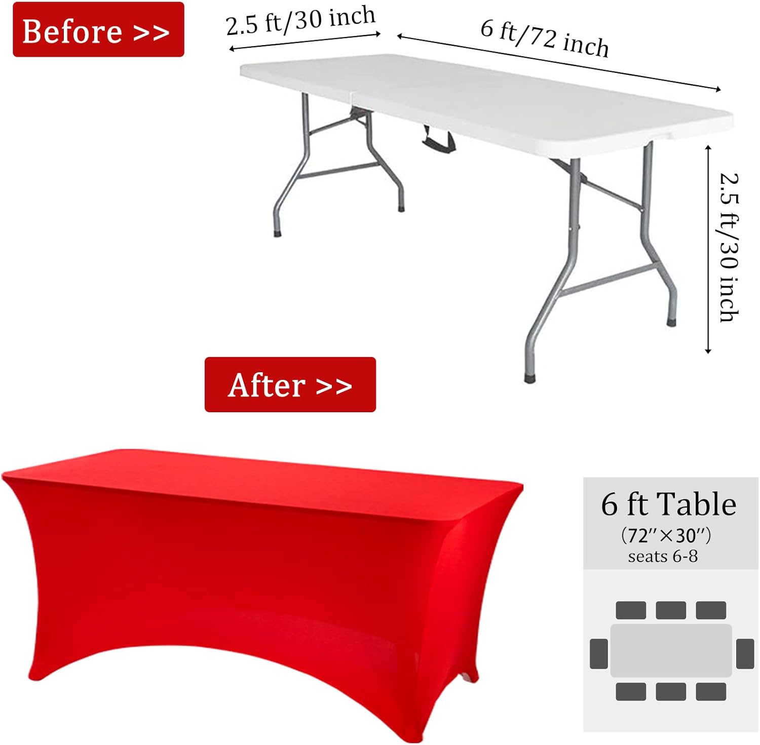 8 Pack 6FT Spandex Table Covers Washable Wrinkle Resistant Stretch Table Cloth for Folding Table Wedding Party Birthday Banquet Bar Events（Red）