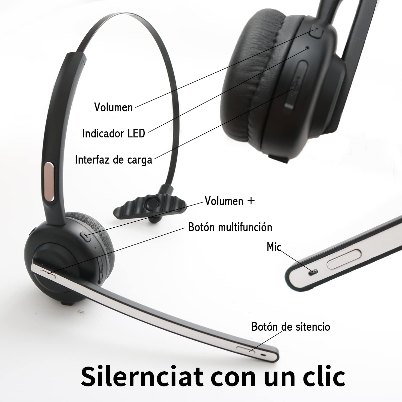BIGFOX Auricular Bluetooth 5.0 Auriculares Inalámbricos con Micrófonos, Auricular Telefónico con Cancelación de Ruido,Conectividad para Dos Dispositivos Auriculares para Oficina Centro de Llamadas