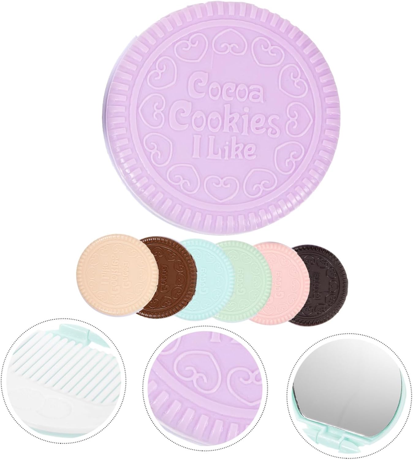 7PCS Chocolate Cookies Compact Mirror with Makeup Mirror and Comb for Women Handbag Accessory in Dark Brown Light Brown Yellow Blue Green Pink Purple