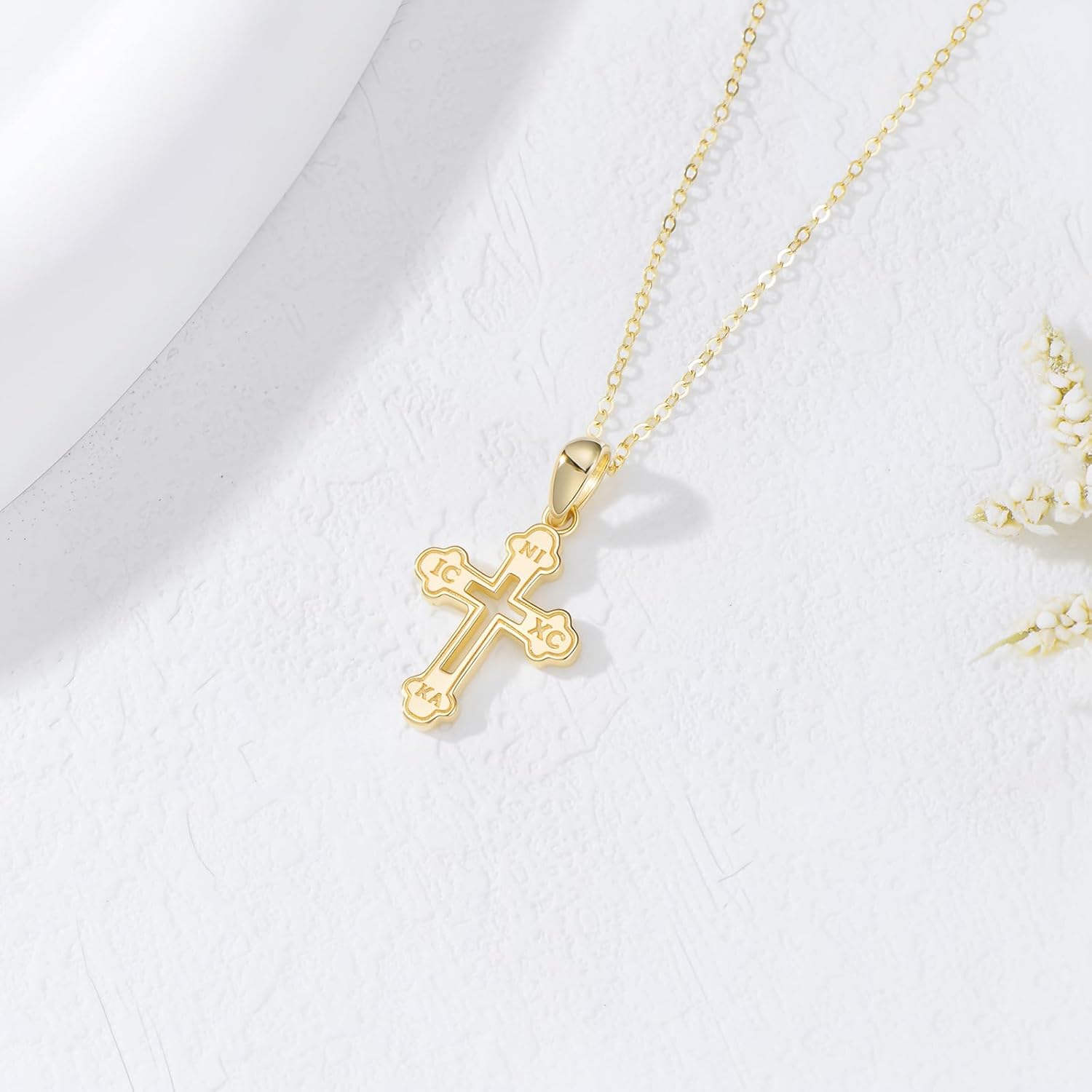 14K Gold IC XC NIKA Cross Necklace for Women, Real Yellow Gold Eastern Orthodox Cross Necklace, Religion Jewelry for Confirmation Baptism Ladies Mom, 16"+1"+1"