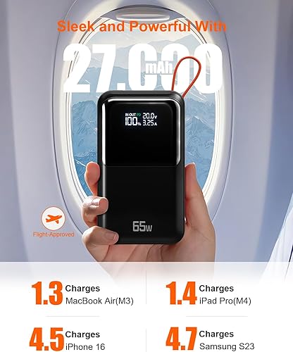 Miniatura 3 de Cargador portátil para portátil de 65 W  Banco de energía de 27,000 mAh con cables USB-C incorporados, 3 puertos de carga rápida total de 130 W para