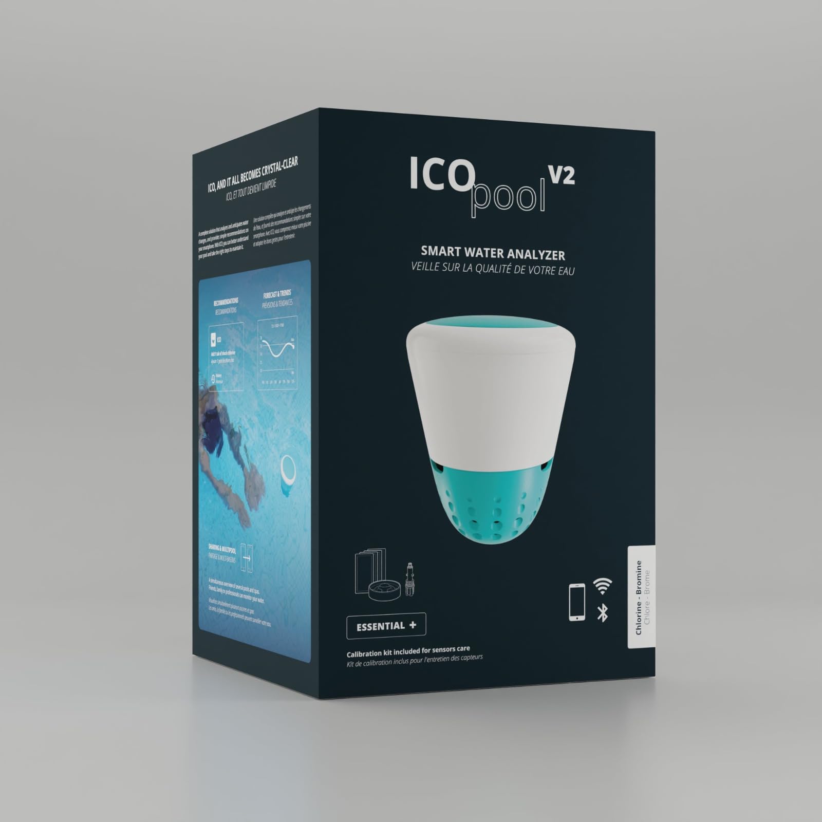 Ondilo ICO Pool V2 Essential+ Chlore Brome - Analyseur d'eau connecté pour piscines traitées au Chlore ou au Brome - Mesures toutes les heures pH, ORP, température de l'eau - Kit de calibration inclus