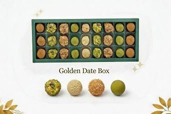 OMNIYA Delicacy Golden Dates Luxury Date Dessert Treats, 27 Pieces w/Pistachio, Lotus, Sesame & Almond Gourmet Mediterranean Gift Box for Holidays, Weddings & Special Occasions