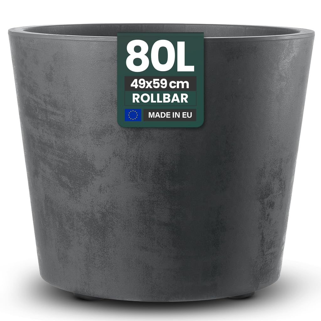 Kreher Pot de fleurs XXL Millennium avec plateforme roulante et un volume de 80 litres ! Magnifique aspect pierre naturelle en brun ou anthracite ! Dimensions : 59 x 49 cm (ØxH) (Anthracite)