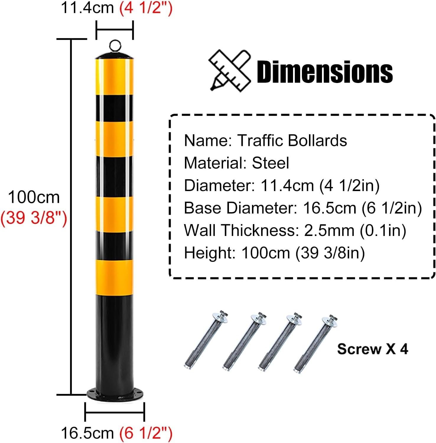Poste Delimitador De Tráfico, Poste Delimitador, Poste De Seguridad, Bolardos De Seguridad para Entradas De Vehículos, Cono De Barrera De Control De Acceso Atornilla,100cm (39 3/8in) Height