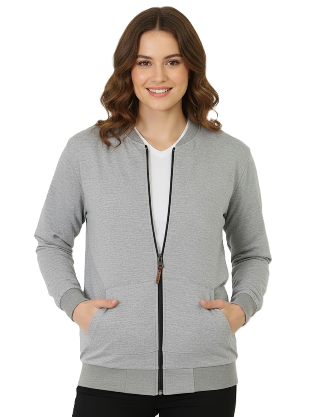leotude Women's Loopknit Drop Shoulder Loose Fit Bomber Jacket with Zipper Closure and Side Pockets (Colour: Grey)-picture-46