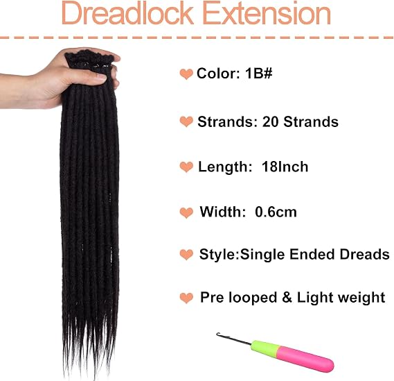 Natural Black Synthetic Dreadlock Extensions 18 Inch 0.6 cm Width Thin SE Dreads 20 Strands Handmade Reggae Style Loc Extensions Hippie Crochet Hair for Women Men