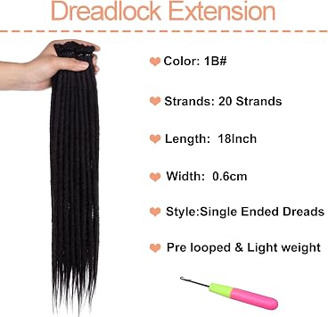Natural Black Synthetic Dreadlock Extensions 18 Inch 0.6 cm Width Thin SE Dreads 20 Strands Handmade Reggae Style Loc Extensions Hippie Crochet Hair for Women Men
