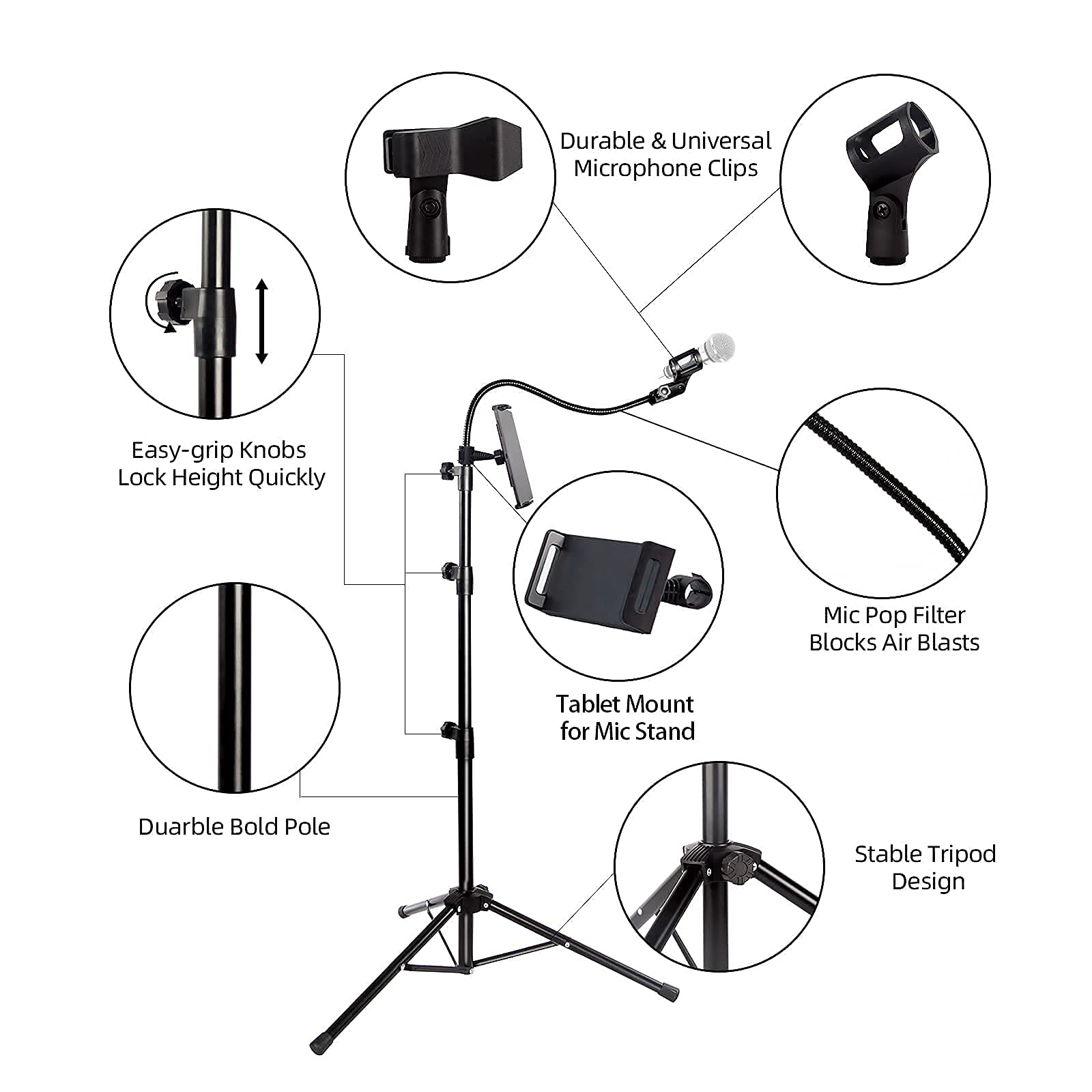 Gooseneck Microphone Stand with Phone Holder Clip, Microphone Tripod