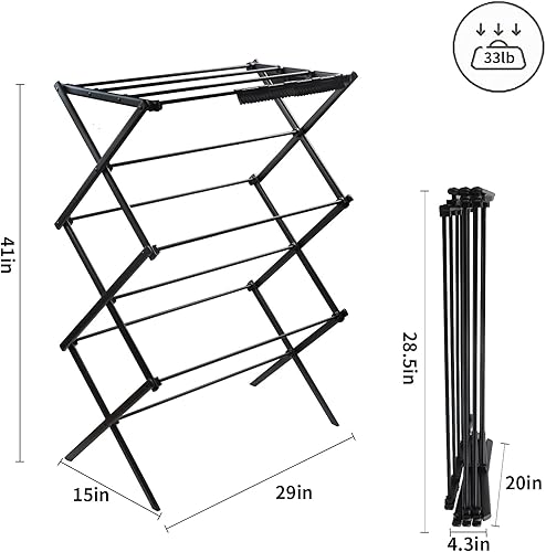 Miniatura 3 de Estante de secado de ropa extensible de 3 niveles, estante vertical portátil y plegable para almacenamiento en interiores y exteriores, color negro