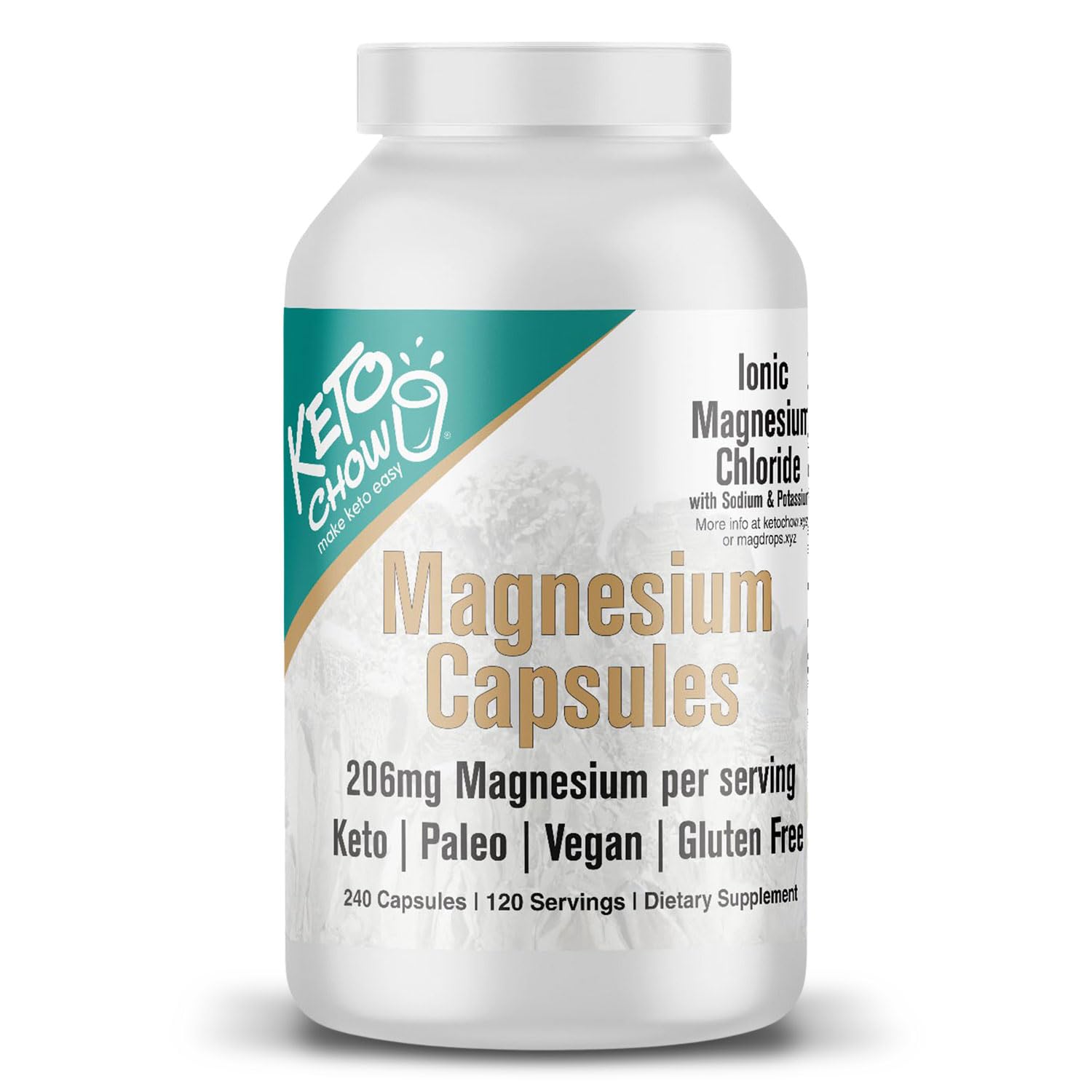 Keto Chow - Magnesium Capsules Supplement - 206mg Ionic Magnesium Chloride w/Sodium, Potassium, Electrolytes - Vegan, Sugar & Gluten Free - 240 Count