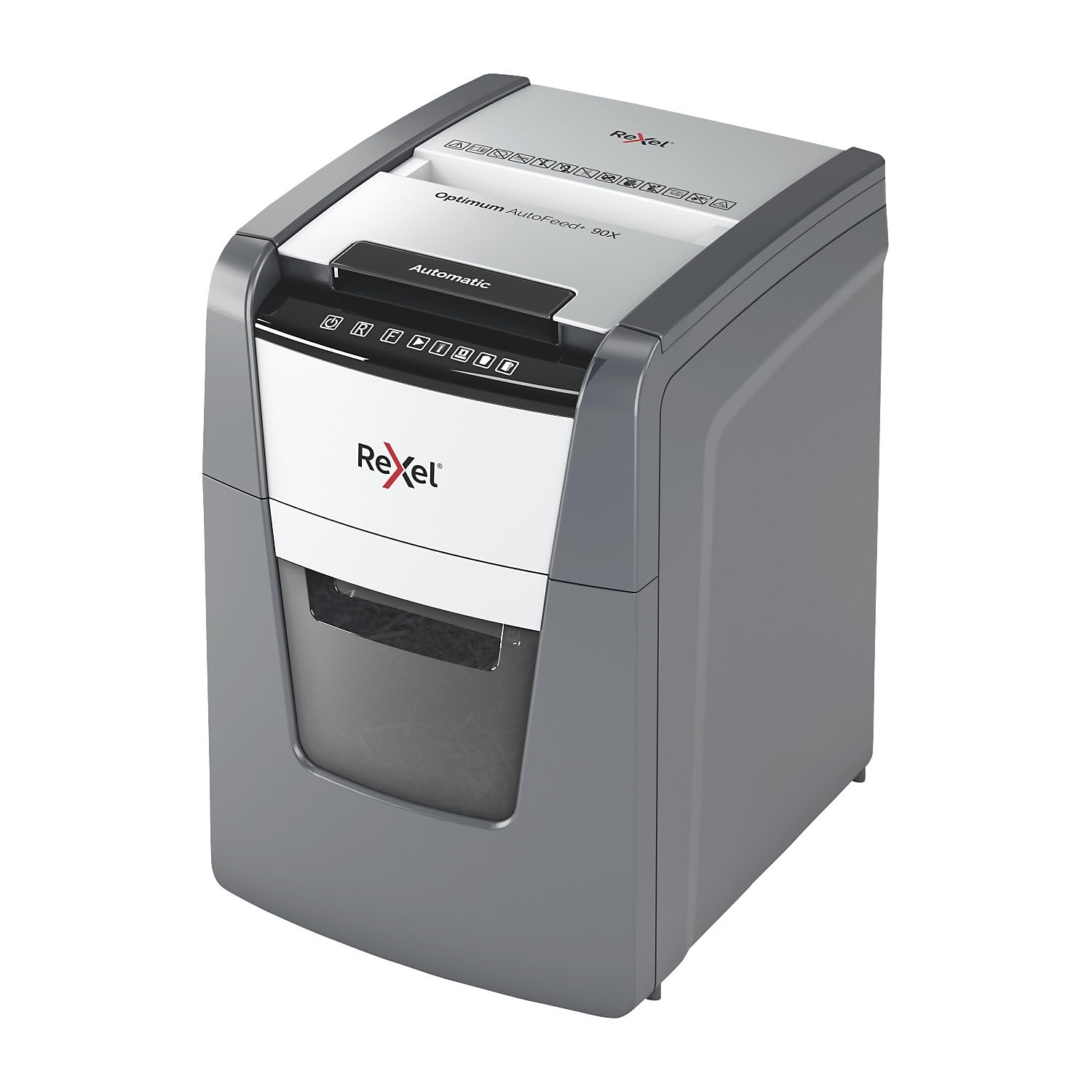 Rexel Optimum AutoFeed+ 90X 2020090XCH - Destructora automática CH, 90 hojas, nivel de seguridad P4, corte de partículas, para casa y oficina en casa, contenedor de basura de 34 litros, con enchufe