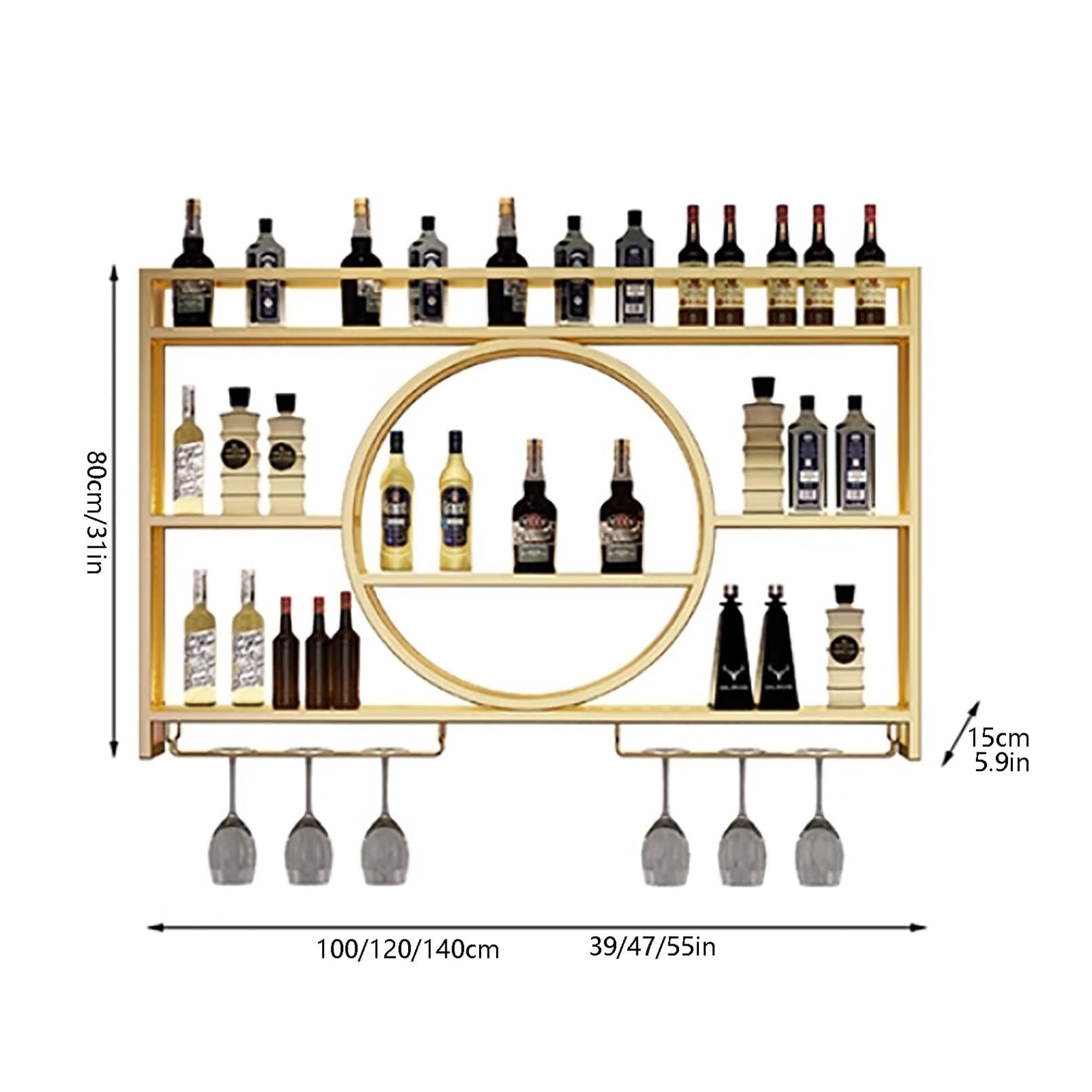 Estante de vino montado en la pared con luz , unidad de barra flotante estante de exhibición de botellas de licor, estante de almacenamiento multifuncional con soporte para copas de (100x15x80cm)
