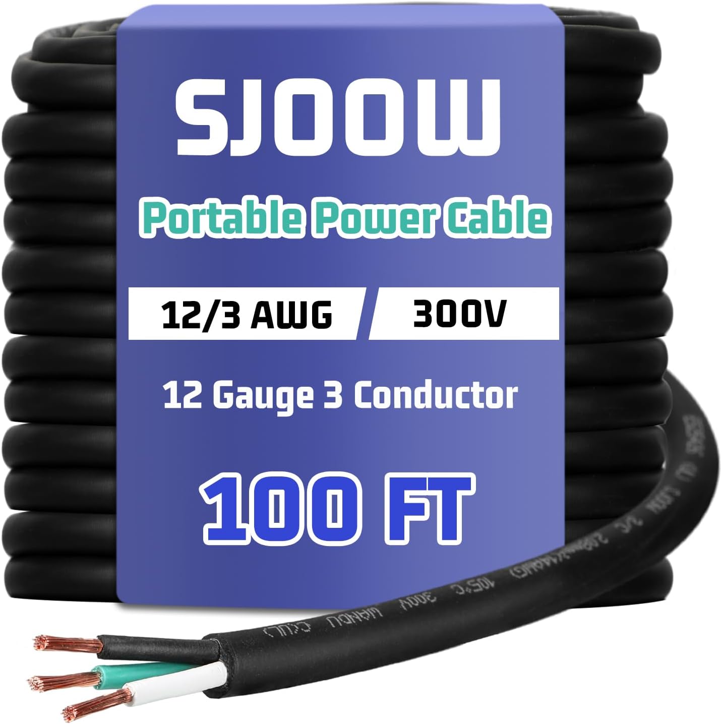 12/3 AWG 100 FT Portable Power Cable SJOOW 300V Electrical Wire Pure Copper Heavy Duty Rubber Outdoor Extension Cord for Motor Machinery Marines Automotive